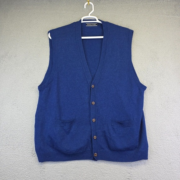 Woolovers‎ Sweater Vest Mens 2XL Blue Sleeveless Button Up Knit Preppy Grandpa - Picture 1 of 9